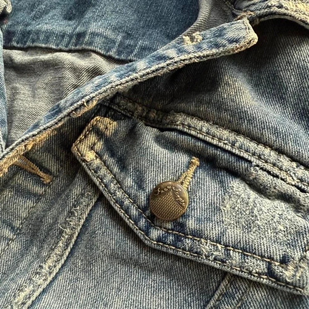 Free People Denim Hoodie Jacket Distressed Blue Gray Layered Small
